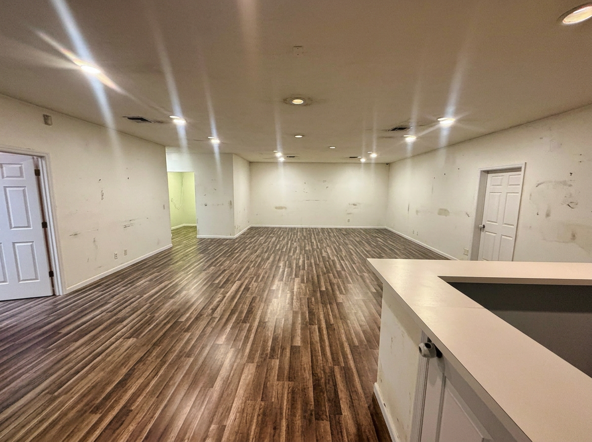Aged off-white walls and yellowed ceiling in a Melbourne, FL office space before repainting by Launch Painting Co.