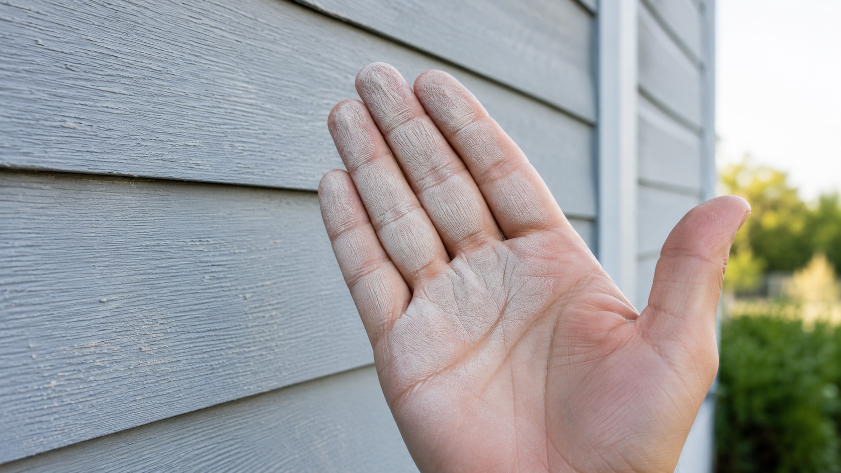 Chalking stucco in Suntree, FL — sign it's time to repaint Hand showing white chalky residue from a faded Suntree, FL stucco wall — a clear sign of UV-degraded paint and time to repaint.